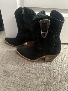 Freebird by Steven Black Suede Western Ankle Boots with Buckle Accent